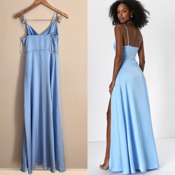 NWOT Formal Invitation Light Blue Satin Cowl Neck Maxi Dress - Picture 6 of 7